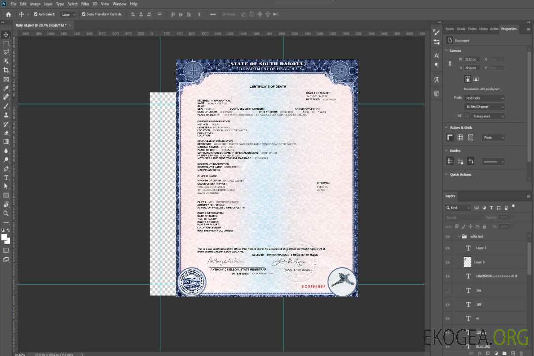 Modèle de certificat de décès de l'État du Dakota du Sud aux États-Unis au format PSD template Modèle de certificat de décès de l'État du Dakota du Sud aux États-Unis au format PSD template